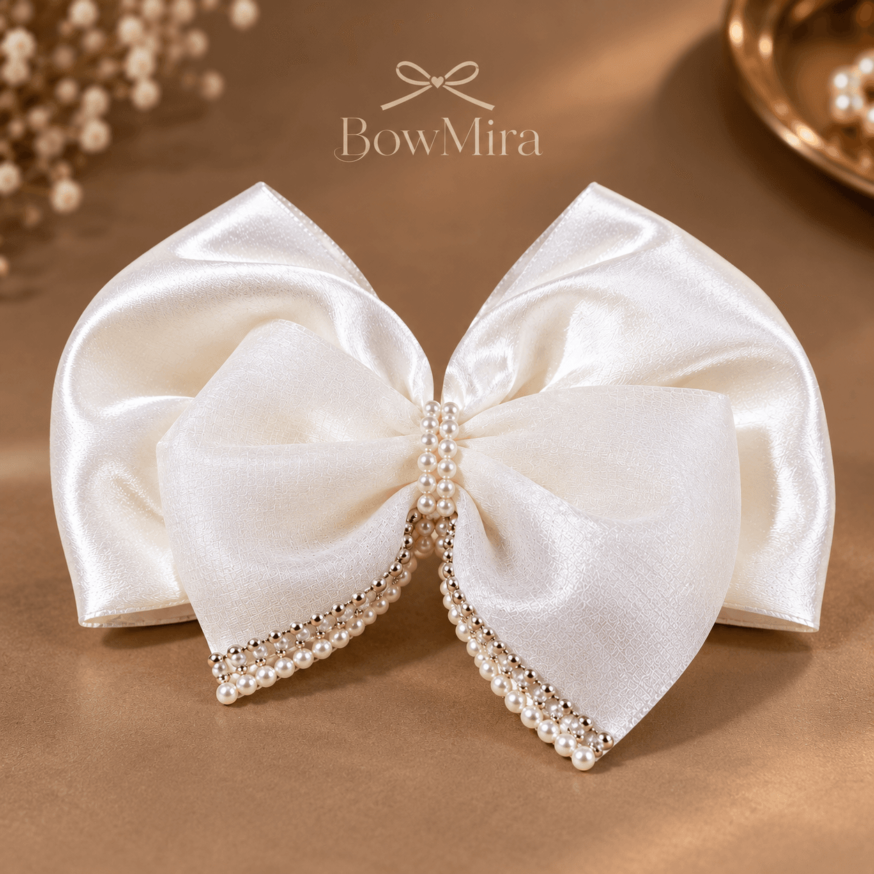Pearl trimmed ivory satin bow